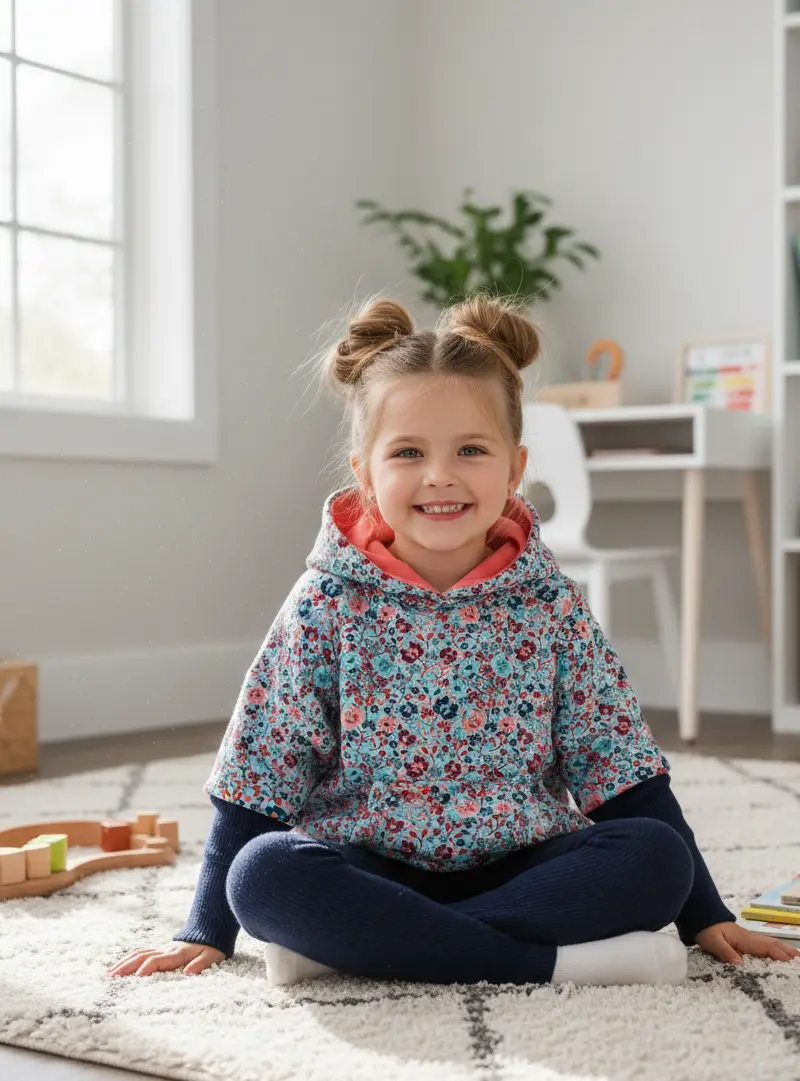 Ein glückliches, lachendes Kind sitzt im Schneidersitz auf einem hellen Spierteppich im Kinderzimmer und trägt einen selbstgenähten Hoodie aus türkisfarbenem French Terry mit floralem Vintage-Print.