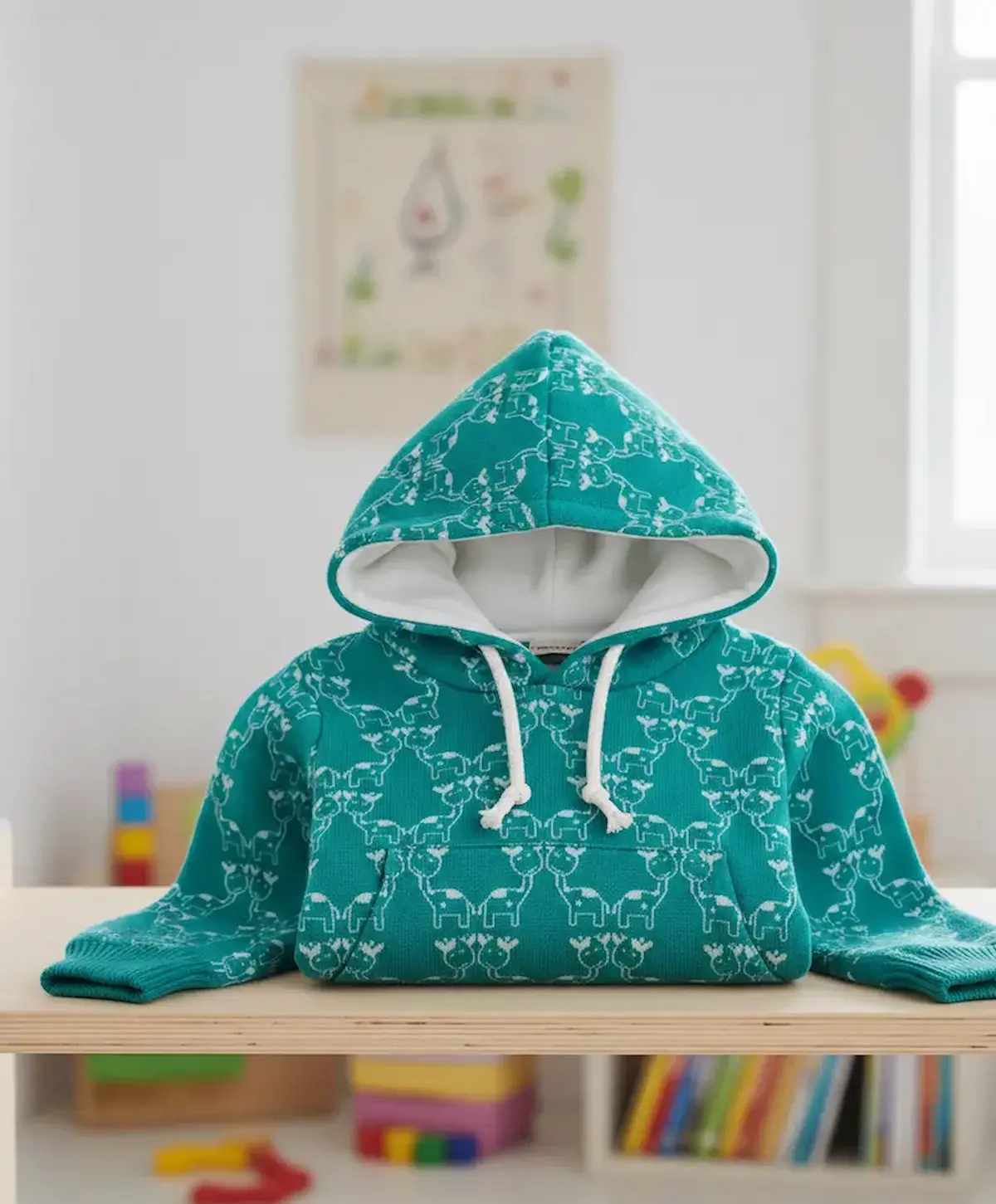 Ein petrolfarbener Kinder-Hoodie aus strukturiertem Jacquard-Strickstoff mit eingearbeitetem Giraffen-Motiv in Weiß. Der Hoodie liegt auf einem hellen Holzregal, hat eine Kapuze mit weißem Innenfutter und hellen Kordeln sowie Rippbündchen an den Ärmeln.