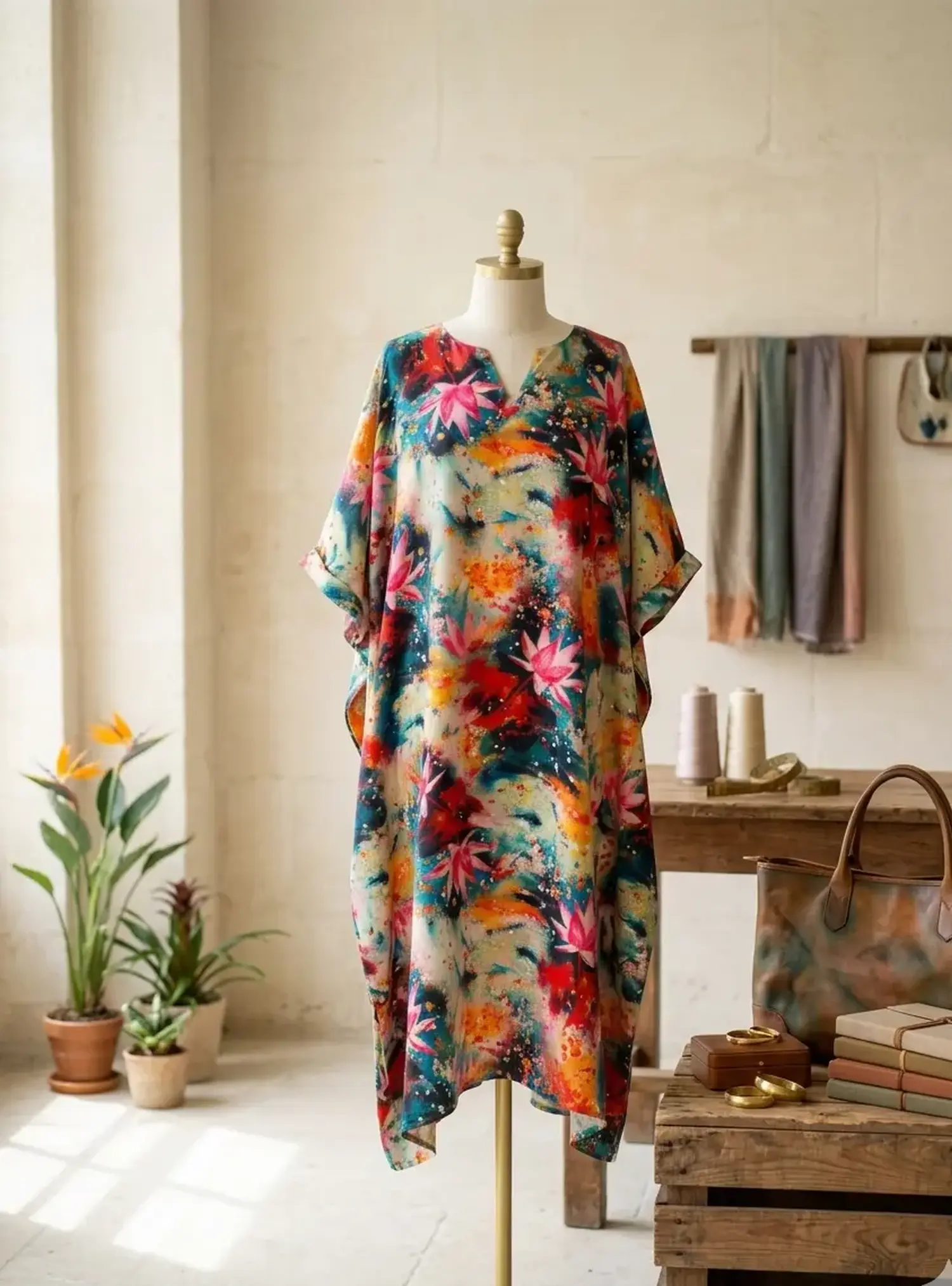 Bodenlanges Kaftan-Kleid aus fließender Viskose Webware mit abstraktem Muster und pinken Lotusblüten auf einer Schneiderpuppe.