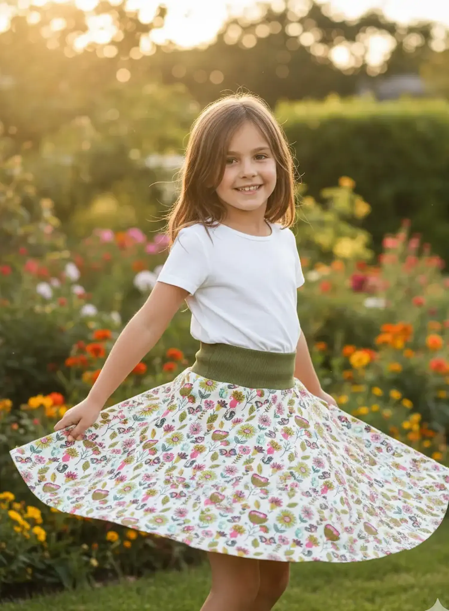 Tragebeispiel für angerauten Sweatstoff: Ein fröhliches Mädchen dreht sich in einem selbstgenähten, bunten Rock mit Blumenmuster und olivgrünem Bündchen in einem blühenden Garten im warmen Gegenlicht.