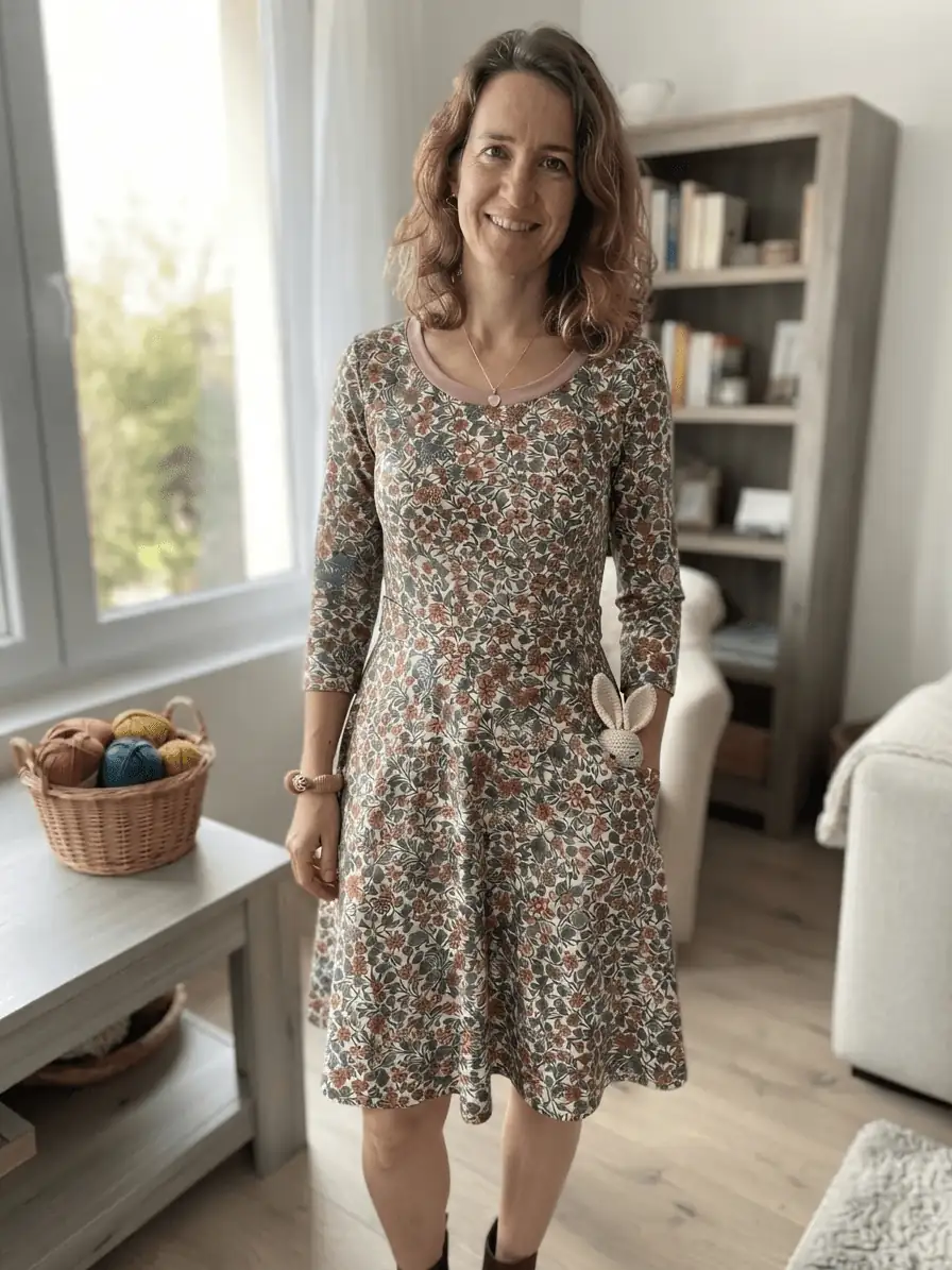 Hochwertiger Baumwolljersey Meterware „Blumenwiese“ mit romantischem Blumen-Muster in Altrosa und Grün, verarbeitet zu einem femininen Damen-Kleid in A-Linie bei stoffpfau.de.