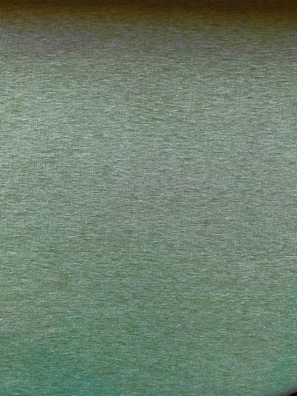 Nahaufnahme eines Alpenfleece-Stoffes in der Farbe Salbeigrün mit feiner Melange-Optik. Die weiche, glatte Oberseite des dehnbaren Sweat-Stoffes zeigt eine dezente Farbmischung aus verschiedenen Grüntönen.