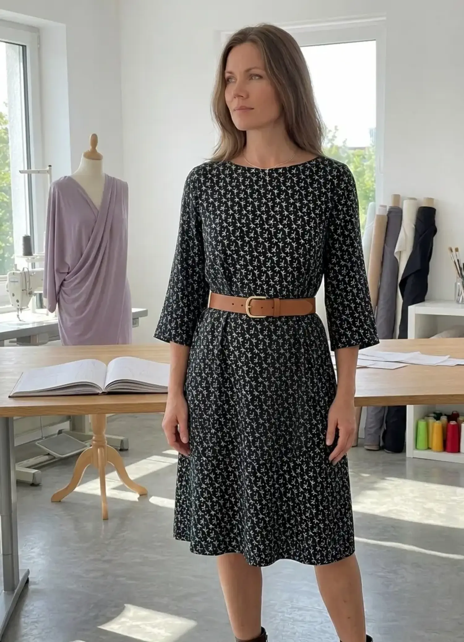 Frau trägt ein knielanges Kleid aus schwarz-weißer Viskose-Webware mit filigranem Muster in einem Nähatelier.