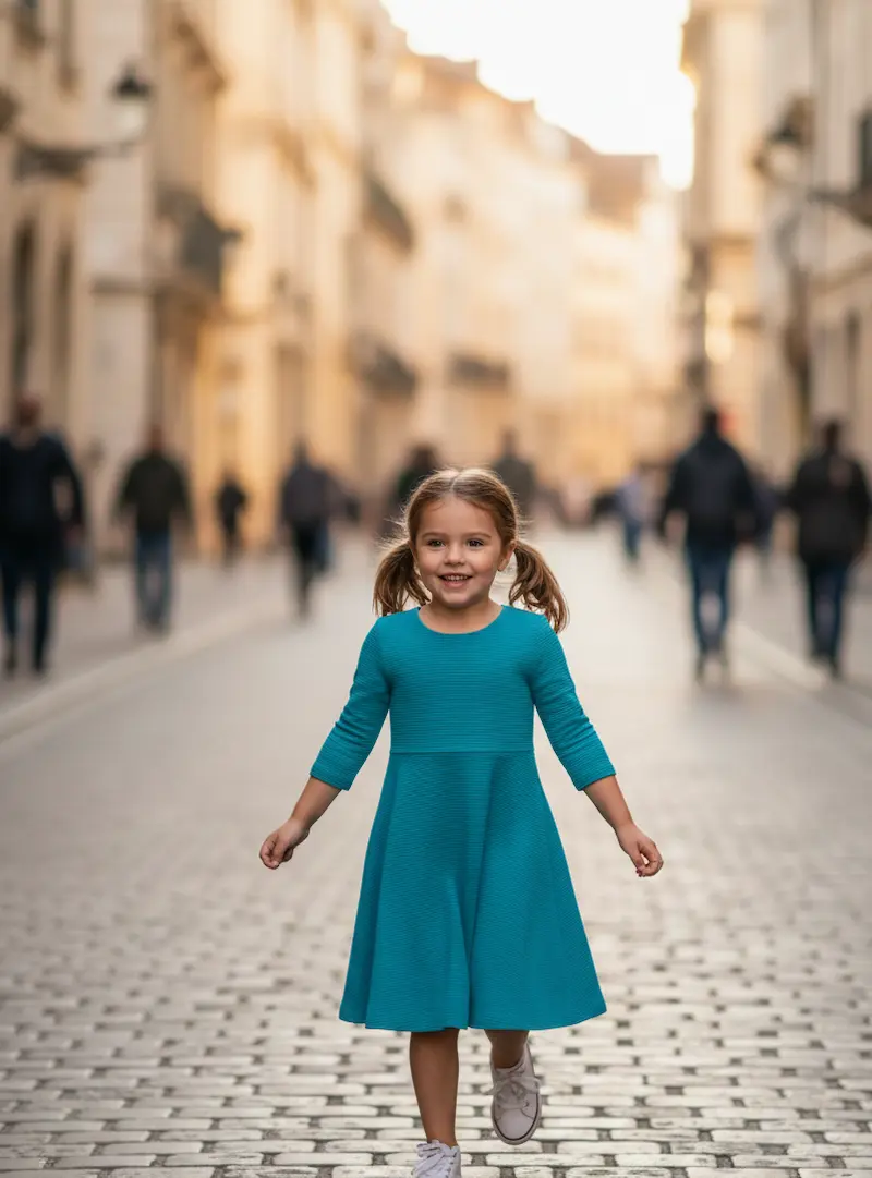 Ein kleines Mädchen mit Zöpfen läuft fröhlich in einem türkisfarbenen Jerseykleid mit 3/4-Ärmeln über eine gepflasterte Straße; hochwertiger feingestreifter Baumwolljersey als Inspiration für selbstgenähte Kinderkleidung.