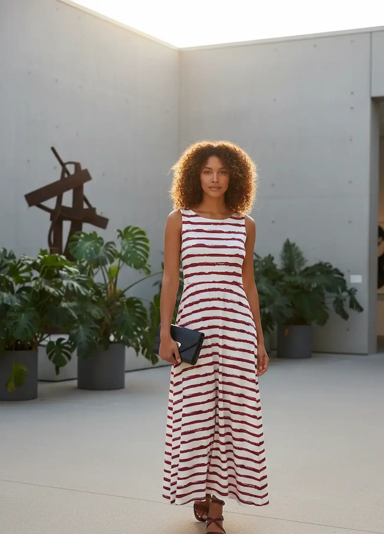 Eine junge Frau mit Locken trägt ein bodenlanges, ärmelloses Kleid aus weinrot-weiß gestreiftem Baumwolljersey in einem modernen Außenbereich; hochwertige Meterware für elegante Sommermode und Fashion-Projekte.
