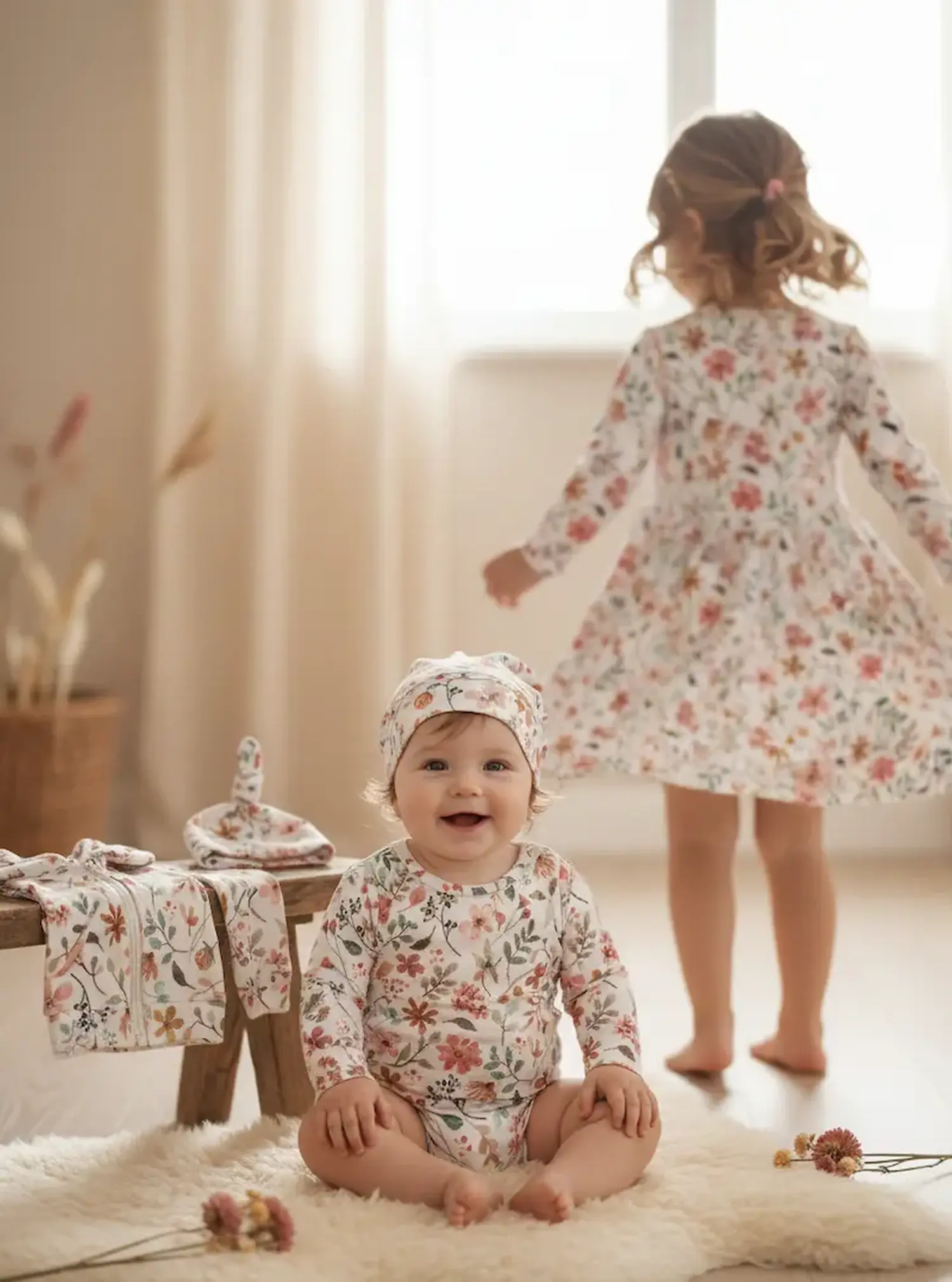 Ein lachendes Baby trägt einen Body und eine passende Mütze aus weichem Rippjersey mit Blumenmuster. Im Hintergrund dreht sich ein Kleinkind in einem aus demselben floralen Stoff genähten Kleid.