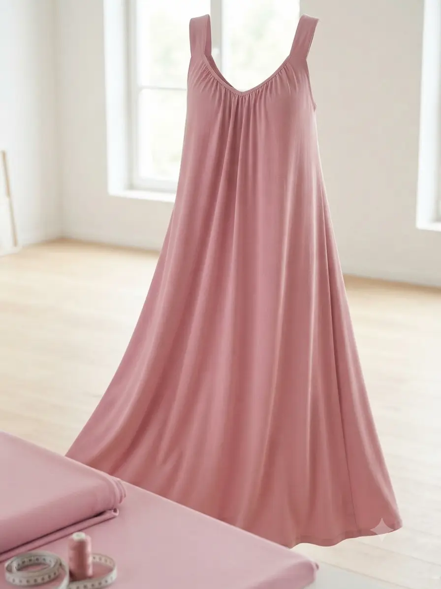 Genähtes Sommerkleid aus altrosafarbenem Baumwolljersey, präsentiert auf einer Schneiderpuppe.