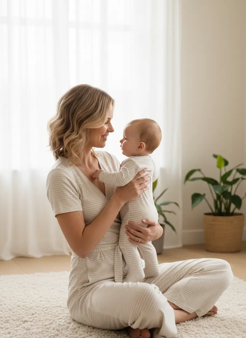 Mutter hält ihr Baby im Arm, beide tragen Kleidung aus dem gleichen beige-weiß gestreiften Baumwolljersey; ein ideales Beispiel für weiche, schadstofffreie Meterware für Babyartikel.