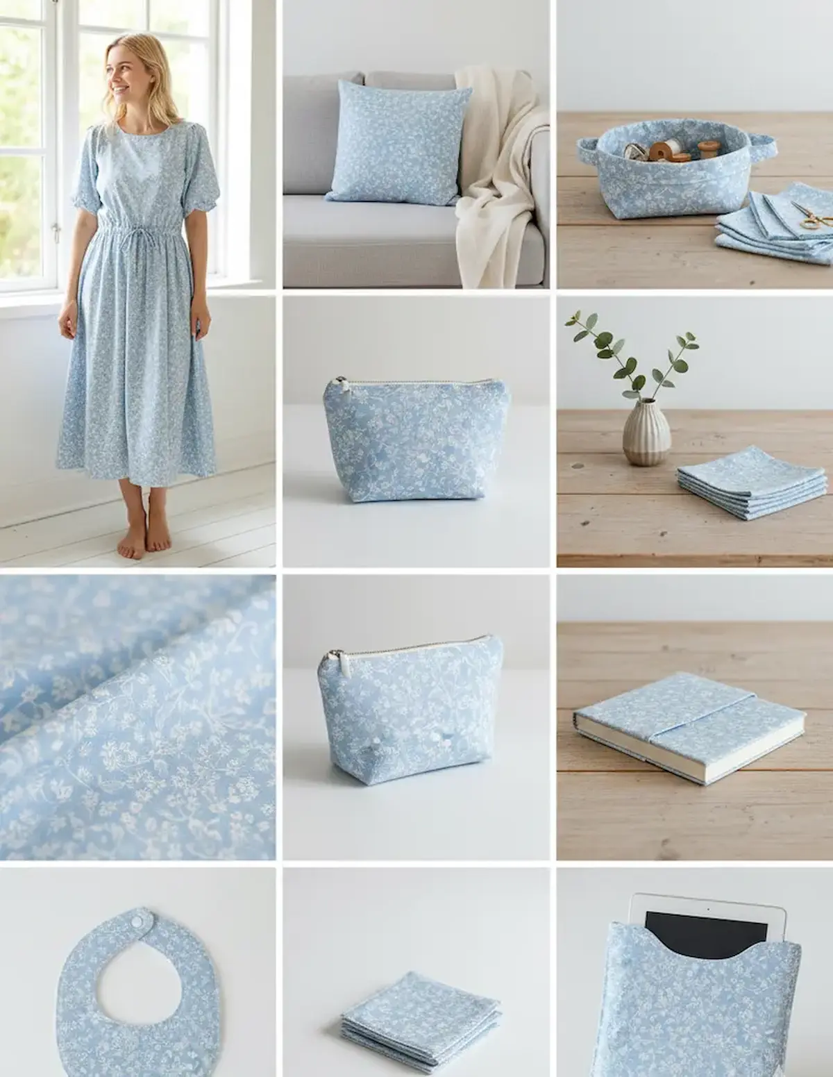 Eine Collage mit neun Nähbeispielen aus hellblauer Baumwoll-Webware mit weißem Streublumenmuster: Darunter ein Sommerkleid, Dekokissen, Utensilo, Kosmetiktaschen, Bucheinband, Baby-Lätzchen und eine Tablet-Hülle.