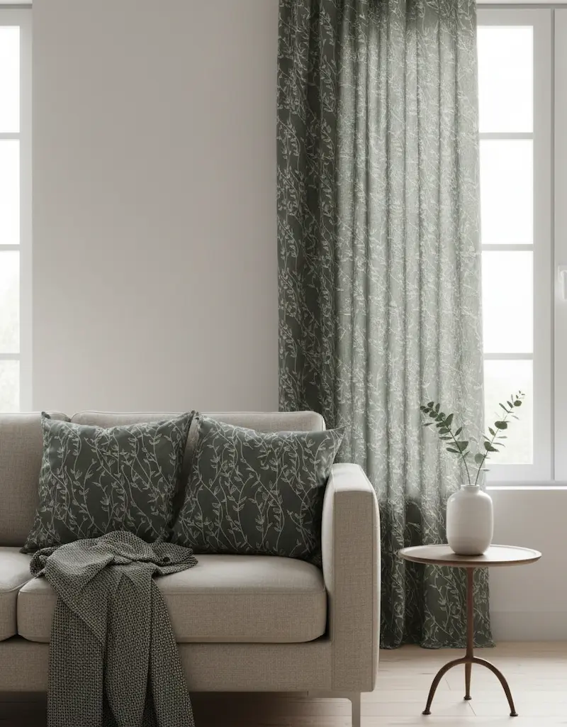 Modernes Wohnzimmer mit Deko-Kissen und langen Vorhängen aus schiefergrauer Baumwoll-Webware mit filigranem, hellem Rankenmuster neben einem hellen Sofa.