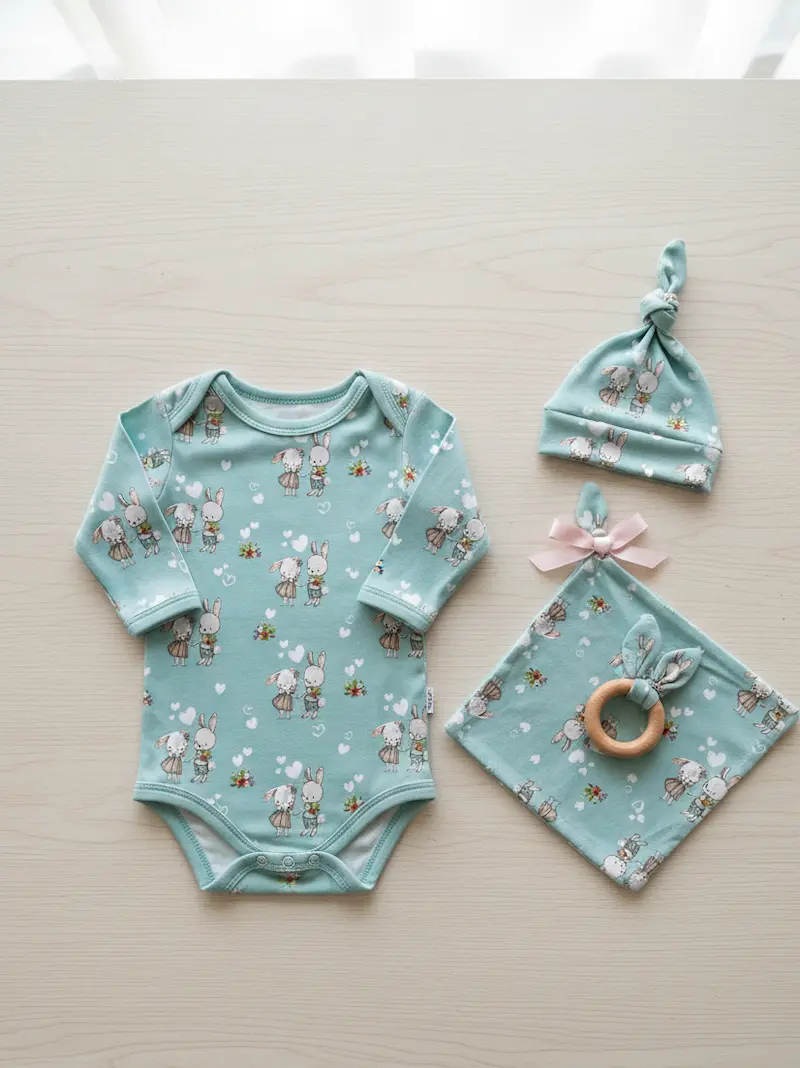 Ein dreiteiliges Baby-Set aus mintgrünem Jersey-Stoff mit einem Muster aus Hasenpärchen, kleinen Blumen und weißen Herzen liegt flach auf einem hellen Holztisch. Das Set besteht aus einem langärmligen Baby-Body, einer passenden Knotenmütze und einem quadr