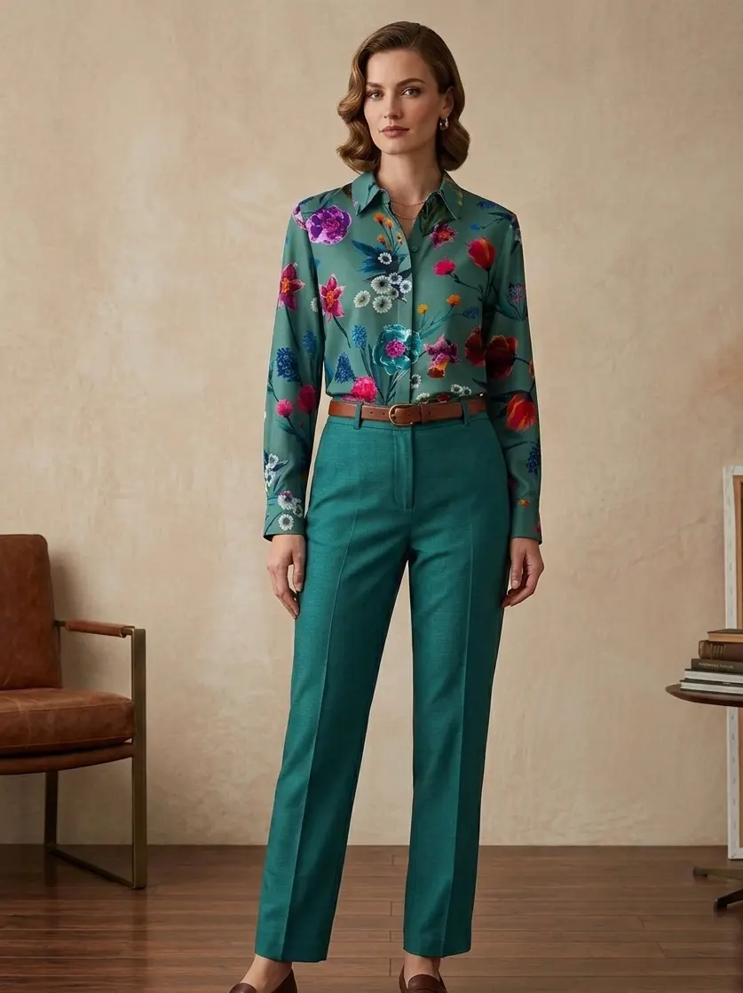 Detailreicher Viskosestoff in tiefem Petrol mit buntem floralem Digitaldruck, perfekt geeignet für elegante Blusen oder fließende Hosen