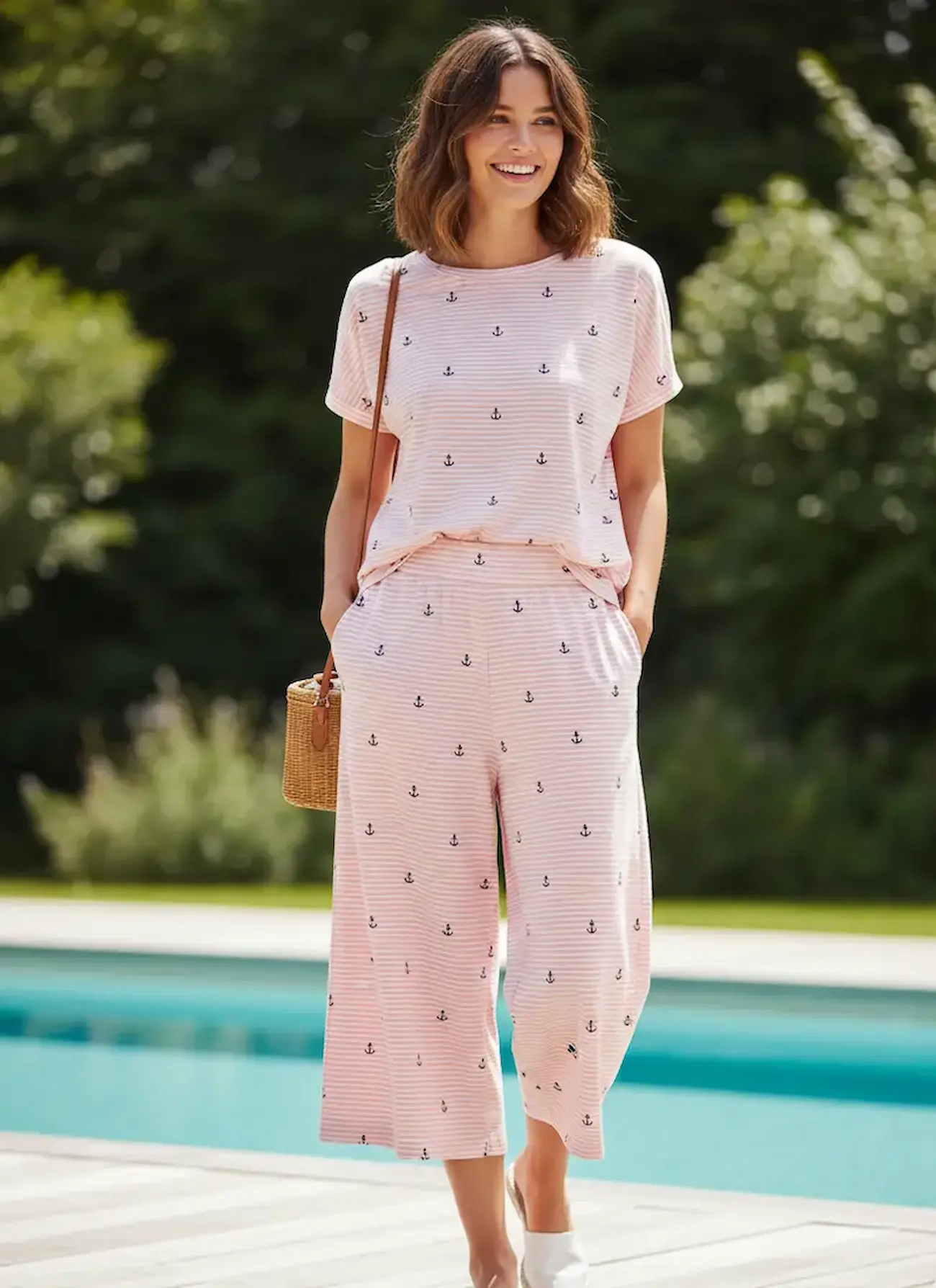 Eine lächelnde Frau trägt ein lockeres T-Shirt und eine weite Culotte-Hose aus rosa-weiß gestreiftem Baumwolljersey mit kleinen Ankern; modernes Loungewear-Outfit für den Sommer, präsentiert am Pool als Inspiration für Damenmode aus elastischer Meterware.