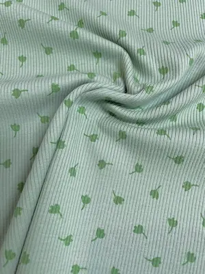 Feiner Rippjersey Stoff in Mintgrün mit kleinen grünen Tulpen, elastischer Rippstrick für Baby-Bodys und Kinderkleidung, Meterware.