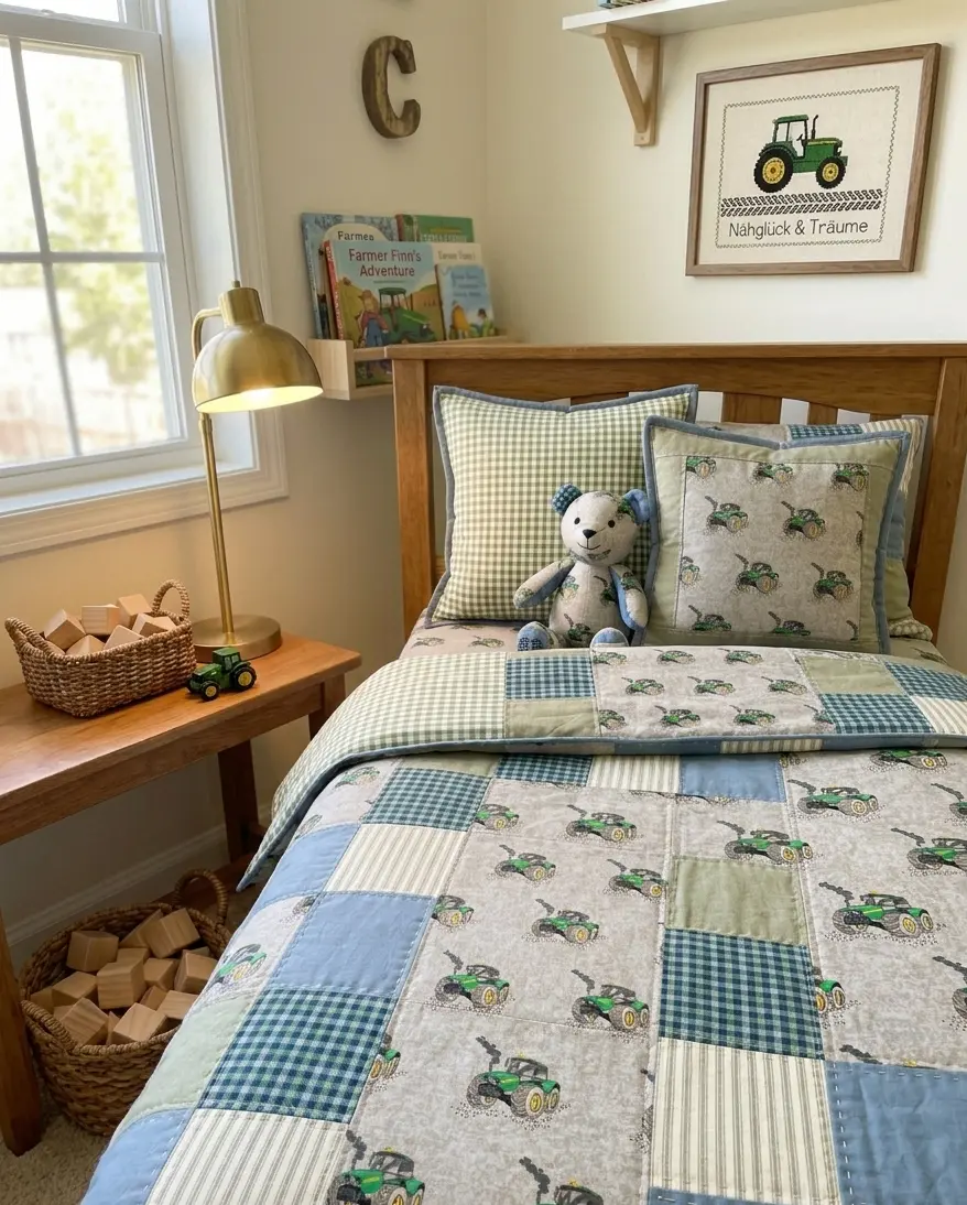Kinderbett mit Patchwork-Decke und Kissen aus Baumwoll-Webware mit Traktoren, Karo-Mustern und Streifen in Grün und Blau.