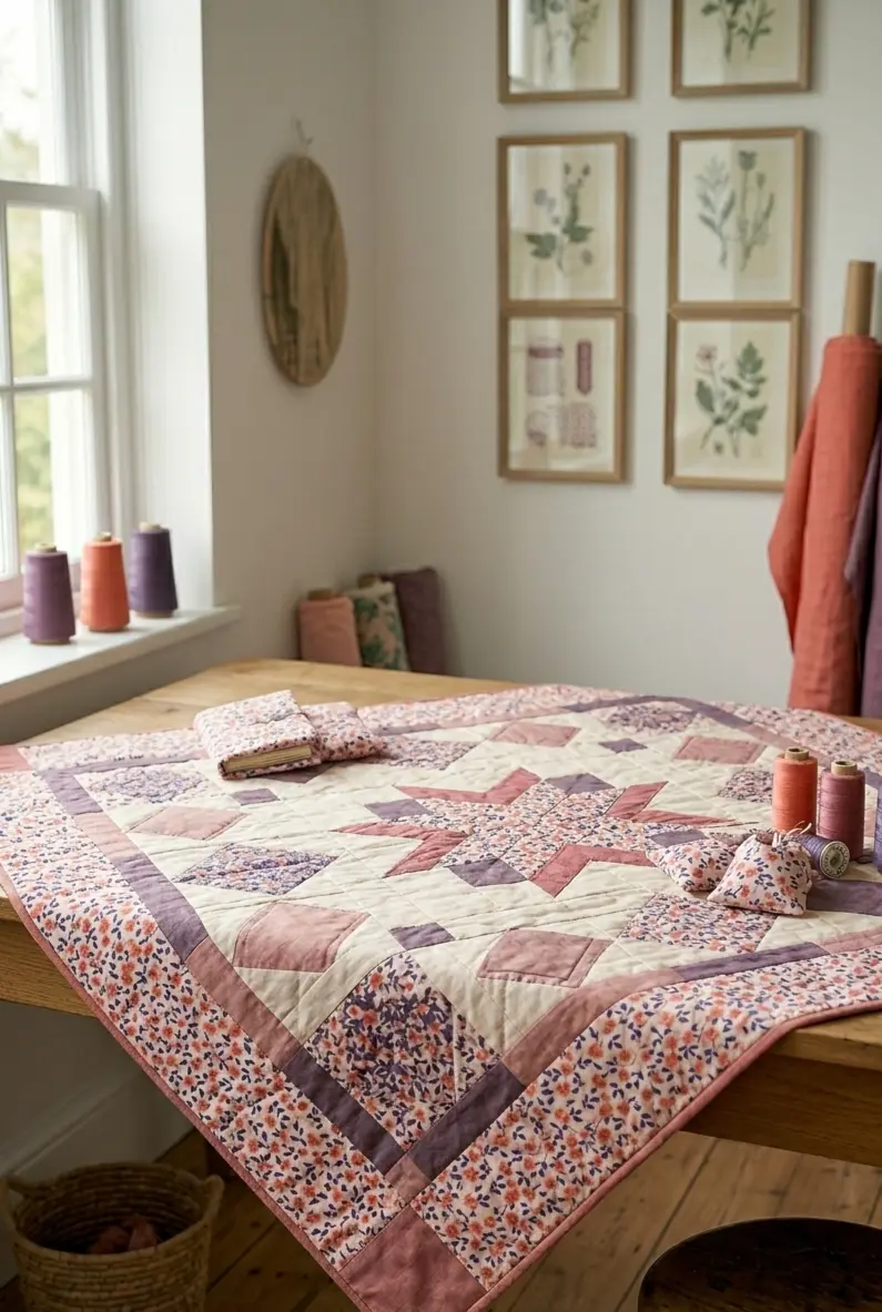 Handgefertigte Patchwork-Decke aus Bio-Baumwolle Popeline in Apricot, Altrosa und Lila mit Stern-Muster, ausgebreitet auf einem Holztisch in einem Nähatelier.