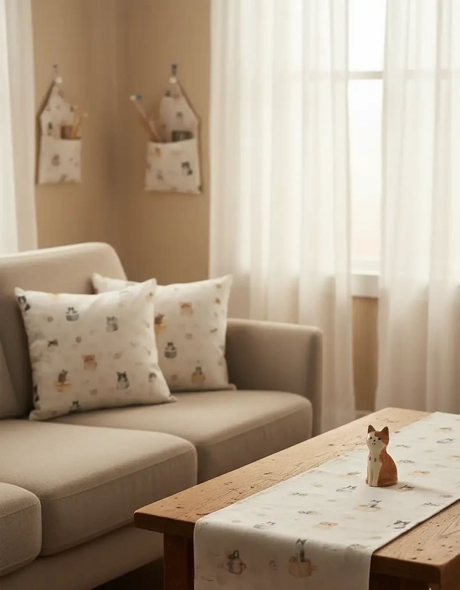 Ein gemütlich eingerichtetes Wohnzimmer in Beigetönen mit einem Sofa, auf dem zwei Dekokissen aus hellem Baumwollstoff mit Katzenmotiven liegen, kombiniert mit einem passenden Tischläufer auf dem Holz-Couchtisch und Wandtaschen im Hintergrund.