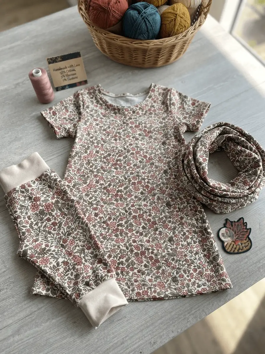 Handgenähtes Kinder-Set aus Baumwolljersey Meterware „Blumenwiese“ (Blumen-Design in Altrosa und Grün), bestehend aus Kleid, Leggings und Loop-Schal bei stoffpfau.de.