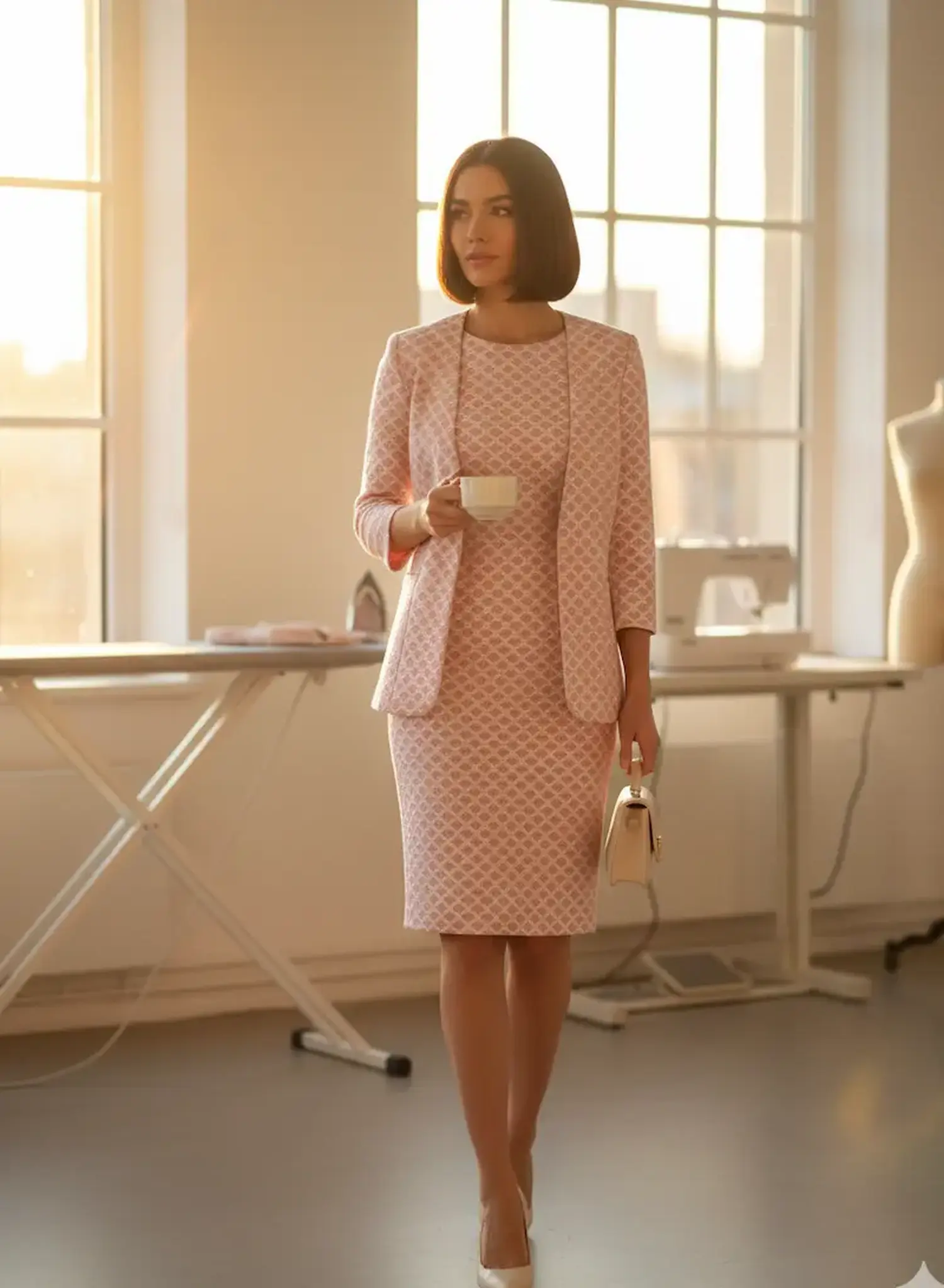 Eine elegante Frau mit Bob-Frisur steht in einem hellen Nähatelier mit Nähmaschine und Bügelbrett im Hintergrund. Sie trägt ein stilvolles, selbstgenähtes Kostüm aus rosa-weißem Jacquard-Stoff, bestehend aus einem knielangen Etuikleid und einem passenden
