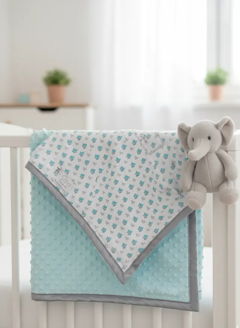 Designbeispiel für French Terry Meterware: Eine selbstgenähte Babydecke aus Stoff mit blauem Tulpenmuster auf der einen Seite und mintgrünem Minky-Noppenstoff auf der Rückseite, eingefasst mit grauem Band, hängt an einem weißen Gitterbett neben einem Plüs