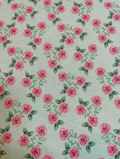 Weicher Jersey-Stoff in Mintgrün mit romantischem Rosen-Print in Rosa und Dunkelrot, klassisches florales Vintage-Design.