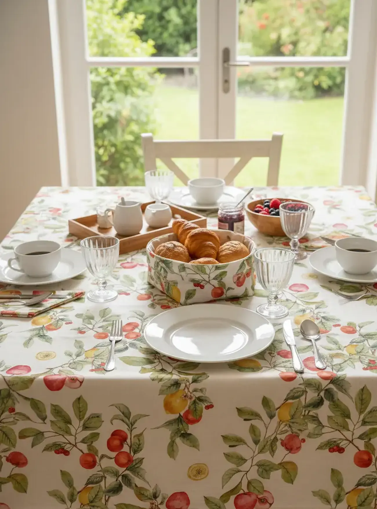 Ein einladend gedeckter Frühstückstisch im Landhausstil vor einer großen Fenstertür zum Garten. Der Tisch ist mit einer gemusterten Tischdecke und einem passenden Brotkorb aus hochwertigem Baumwoll-Dekostoff ausgestattet. Der weiße Stoff zeigt ein farbenf
