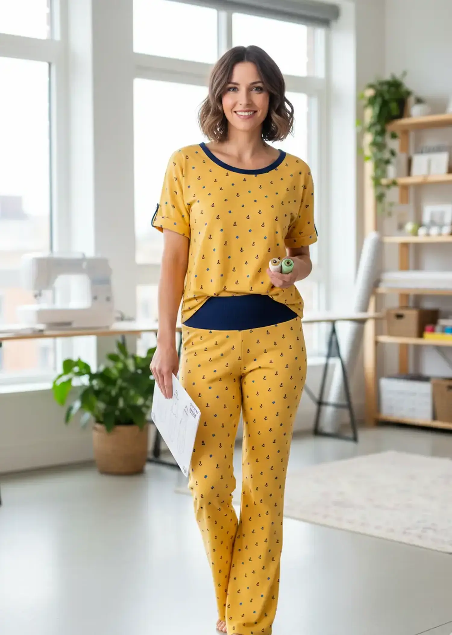 Eine Frau in einem hellen Nähzimmer trägt ein selbstgenähtes Set aus Shirt und Hose, gefertigt aus senfgelbem Jerseystoff mit Ankermotiv und dunkelblauen Bündchenabsetzungen.
