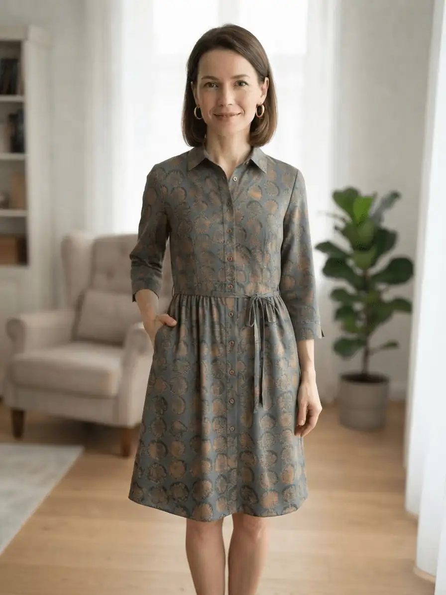 Eine Frau trägt ein elegantes, selbstgenähtes Blusenkleid mit durchgehender Knopfleiste und Bindeband aus leichtem Baumwoll-Krepp mit blau-bronzefarbenem Kreis-Muster