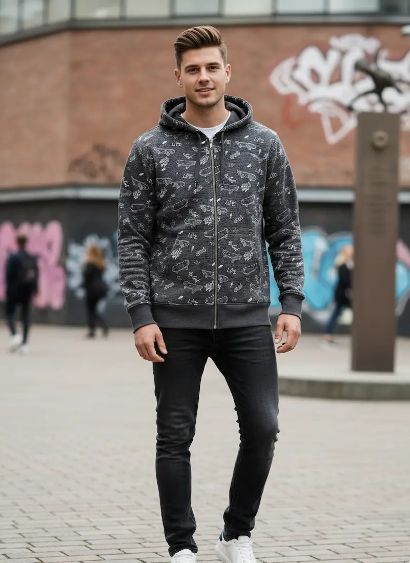 Ein junger Mann steht im urbanen Umfeld vor einer Wand mit Graffiti und trägt eine dunkelgraue (anthrazitfarbene) Sweatjacke mit Kapuze und Reißverschluss. Die Jacke ist aus French Terry gefertigt und mit einem dezenten, weißen Skateboard- und Grafik-Prin