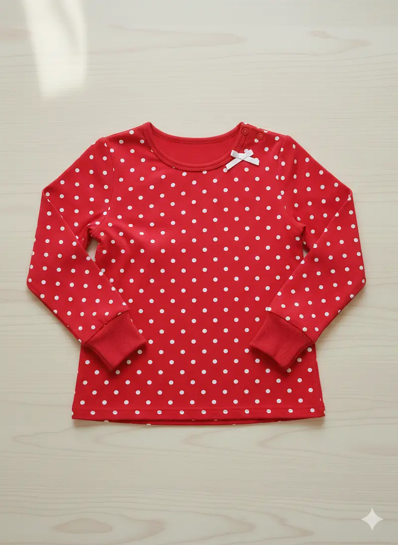 Ein flach liegendes, langärmeliges Kinder-Shirt aus rotem Jerseystoff mit gleichmäßigen weißen Punkten, roten Bündchen und einer kleinen weißen Dekoschleife am Ausschnitt.