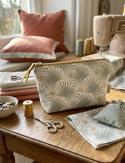 Handgenähte Kosmetiktasche aus Baumwolle Webware mit salbeigrünem Fächermuster auf einem Holztisch neben Stoffstapeln in Terrakotta und Creme.
