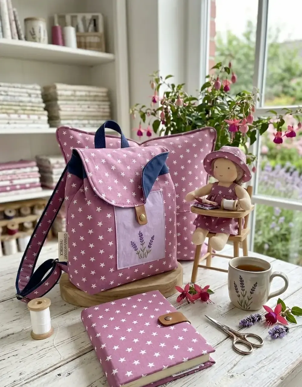 Nähbeispiele aus Baumwoll-Webware in kräftigem Beerenton mit weißen Sternen: Ein Rucksack, ein Kissen und eine Stoffpuppe mit Lavendel-Stickereien auf einem weißen Holztisch.