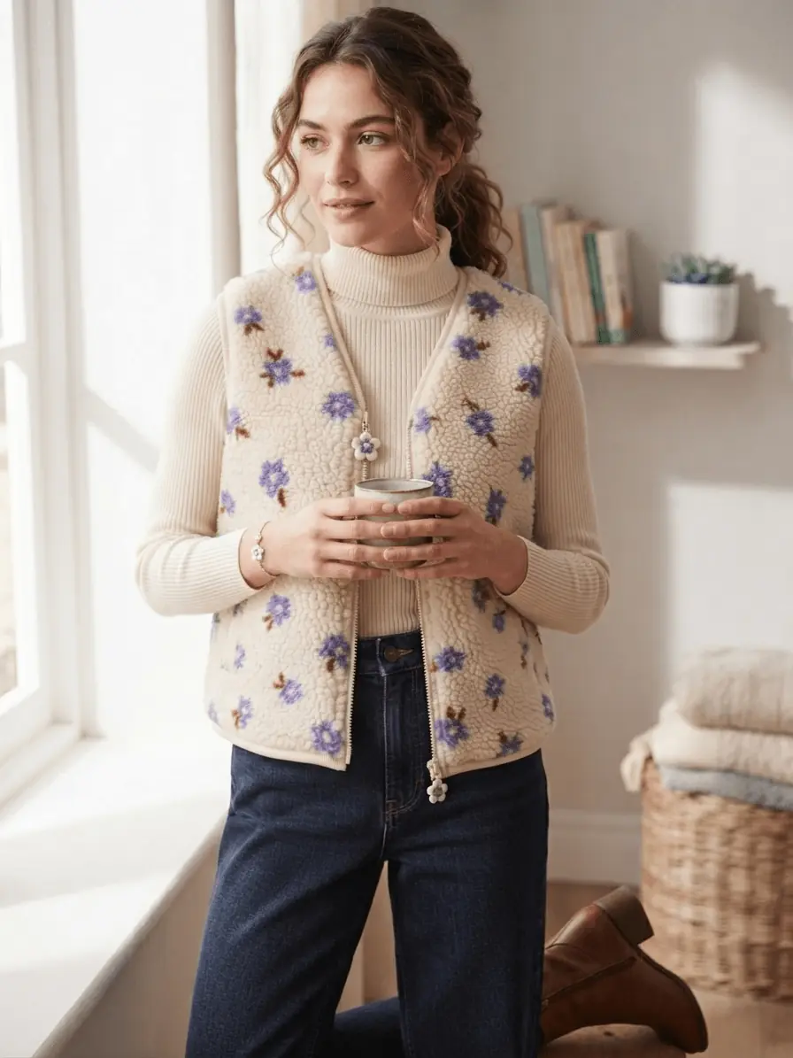 Frau trägt eine selbstgenähte Damen-Weste aus flauschigem Teddy-Plüsch-Stoff als Meterware in Cremeweiß mit violettem Blumenmuster und Reißverschluss.