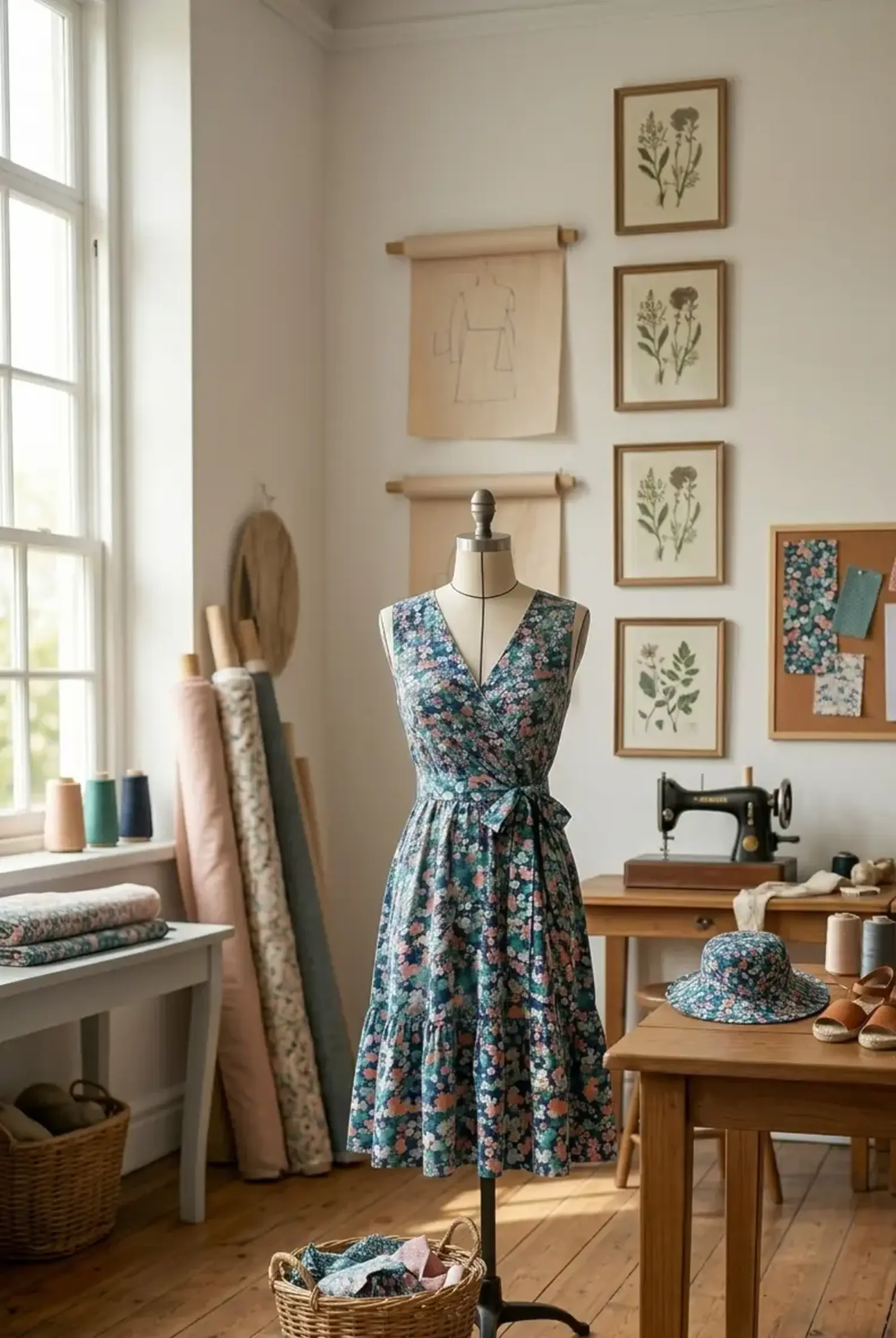 Ärmelloses Wickelkleid aus fließendem Viskosestoff mit buntem Blumenmuster auf einer Schneiderpuppe in einem hellen Nähatelier.
