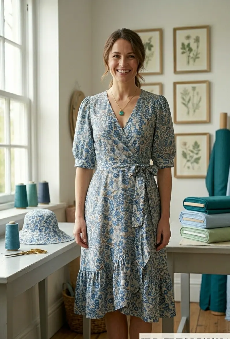 Frau trägt ein elegantes Wickelkleid mit Volant aus Baumwoll-Popeline in Creme und Blau mit floralem Muster, präsentiert in einem hellen Nähatelier.
