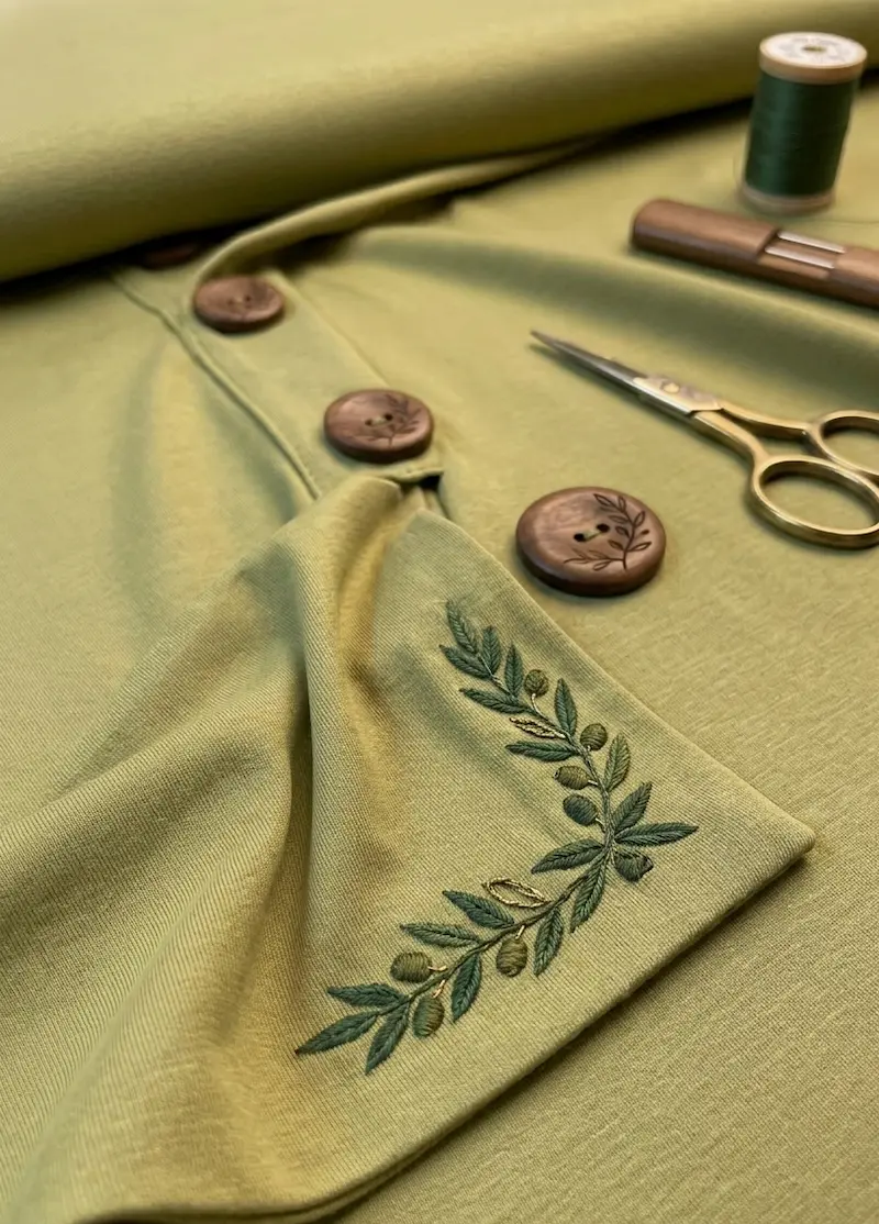 Detailaufnahme von olivgrünem Baumwolljersey mit Olivenzweig-Stickerei, braunen Holzknöpfen und Nähzubehör.
