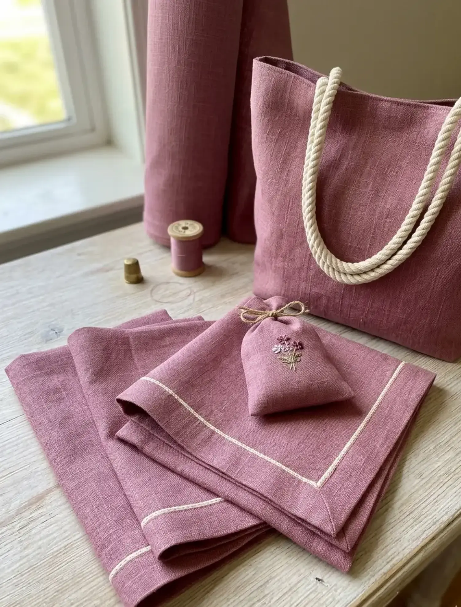 Hochwertiger Dekostoff Ramie Leinen in Altrosa als Meterware, gezeigt mit genähter Tasche und Leinenservietten.