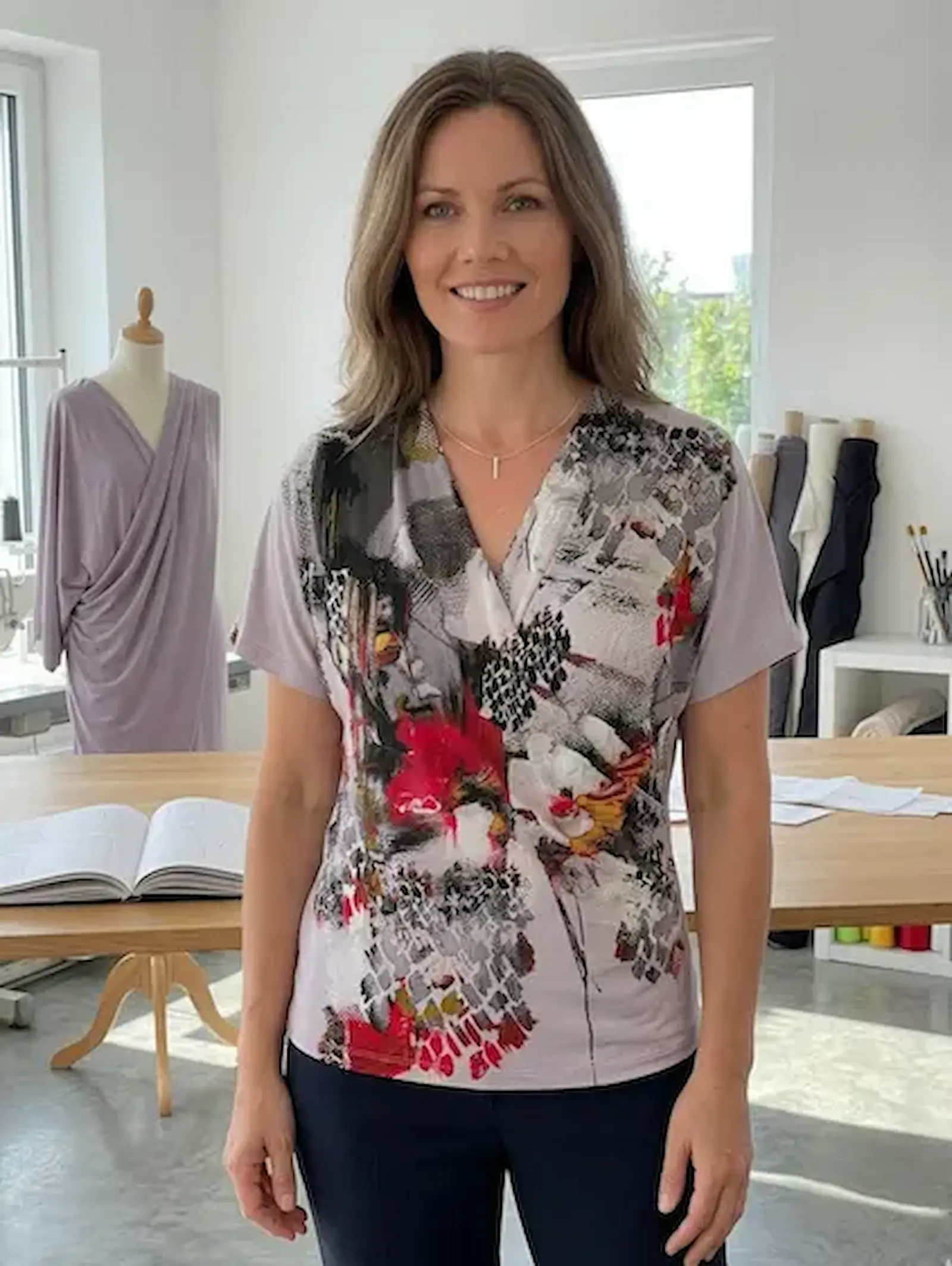 Lächelnde Frau trägt ein kurzärmeliges Shirt aus elastischem Viskosejersey mit abstraktem Muster in Flieder, Rot und Grau.