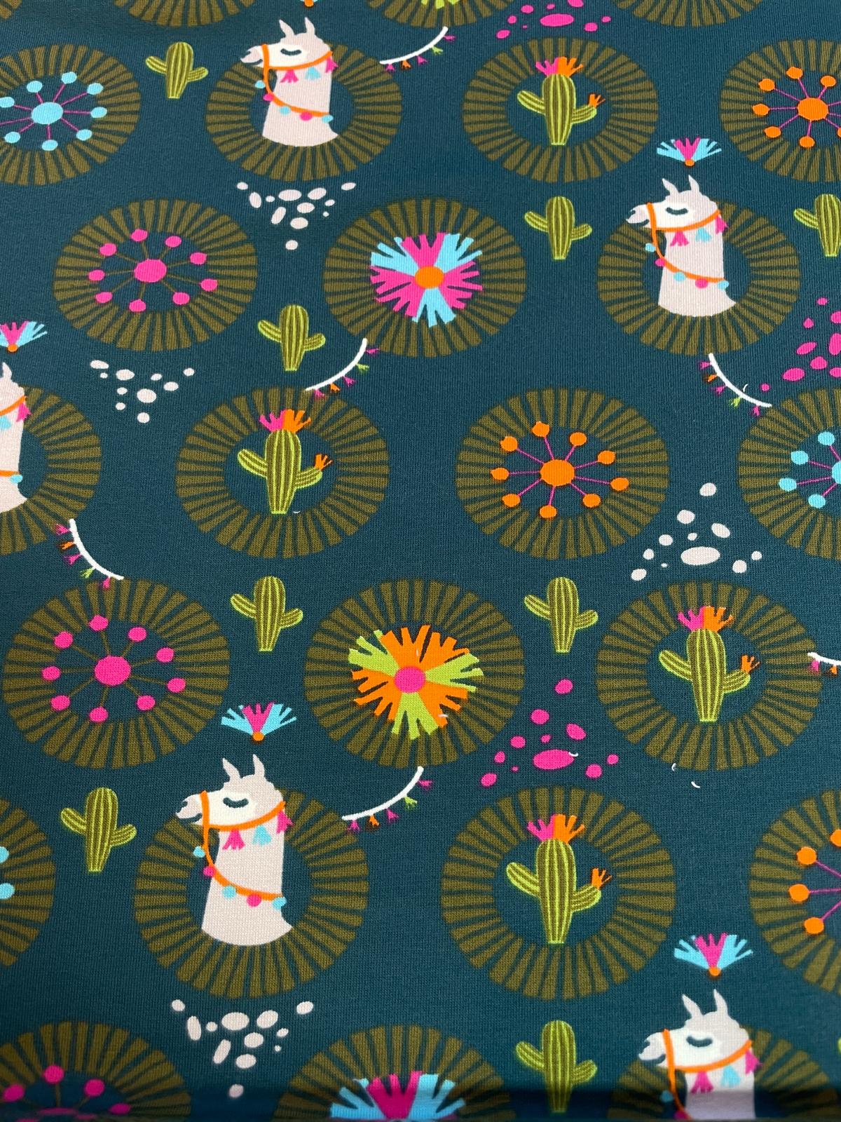 French Terry petrol / grün mit Lamas Kakteen