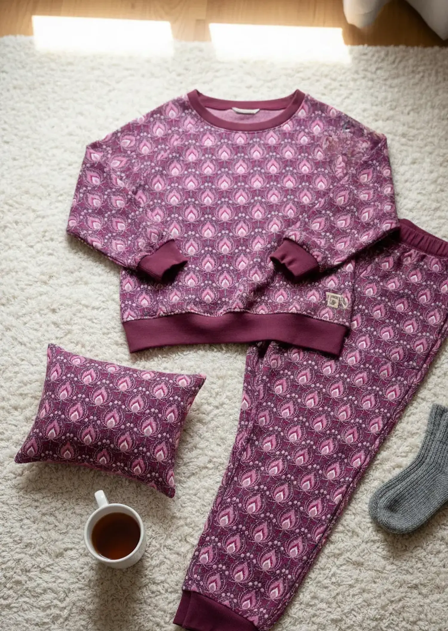 Ein selbstgenähter Hausanzug aus beerenfarbenem Alpenfleece mit Ikat-Muster, bestehend aus einem Pullover und einer Jogginghose, flach ausgebreitet auf einem hellen Teppich neben einem passenden Kissen und einer Tasse Tee.