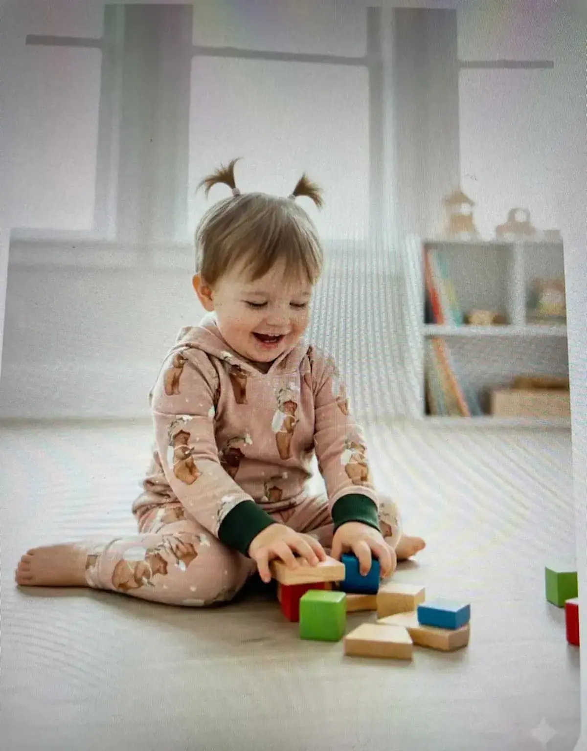 Elastischer Bio French Terry Stoff als Meterware in Altrosa mit Bären-Motiv, genäht als gemütlicher Kinder-Jumpsuit mit Kapuze beim Spielen im Kinderzimmer.
