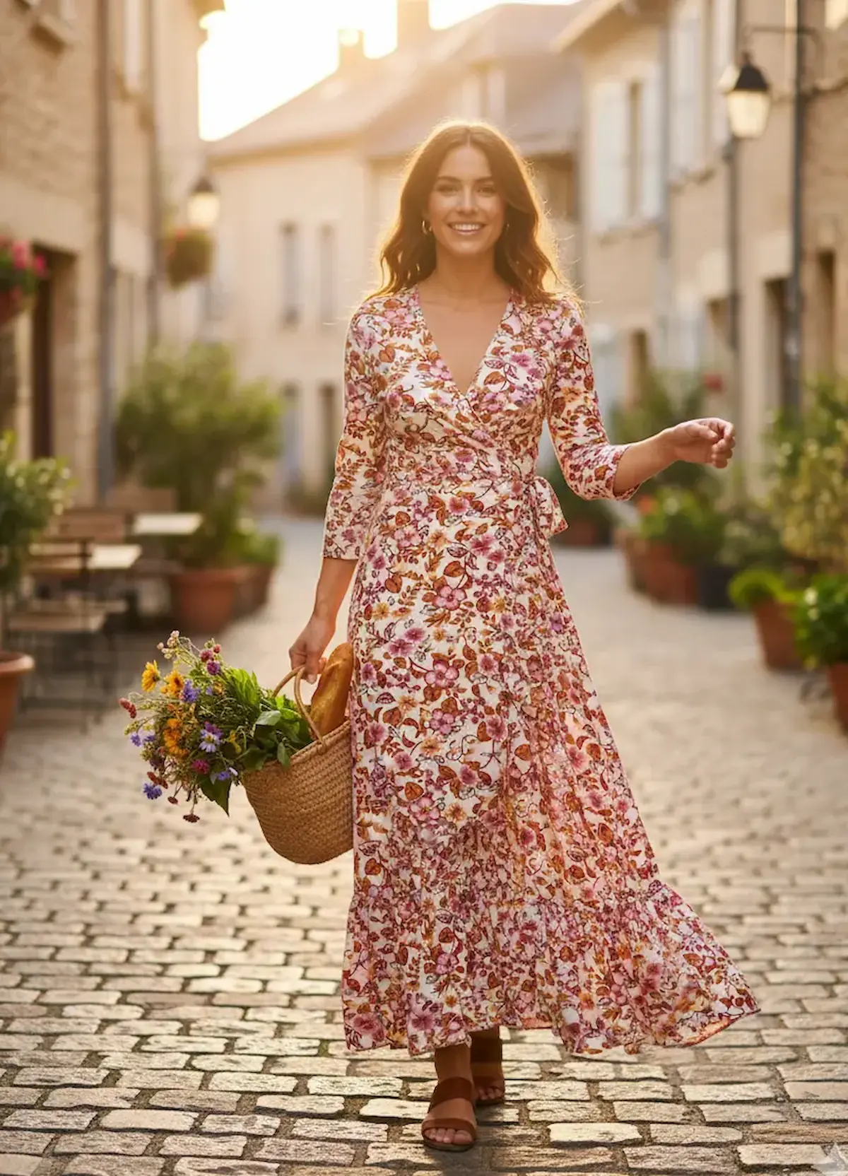 Eine lächelnde Frau geht eine gepflasterte Gasse entlang und trägt ein bodenlanges, fließendes Wickelkleid aus Modaljersey mit einem dichten, beeren- und ockerfarbenen Blumenmuster. Sie hält einen Korb mit Blumen und Baguette.