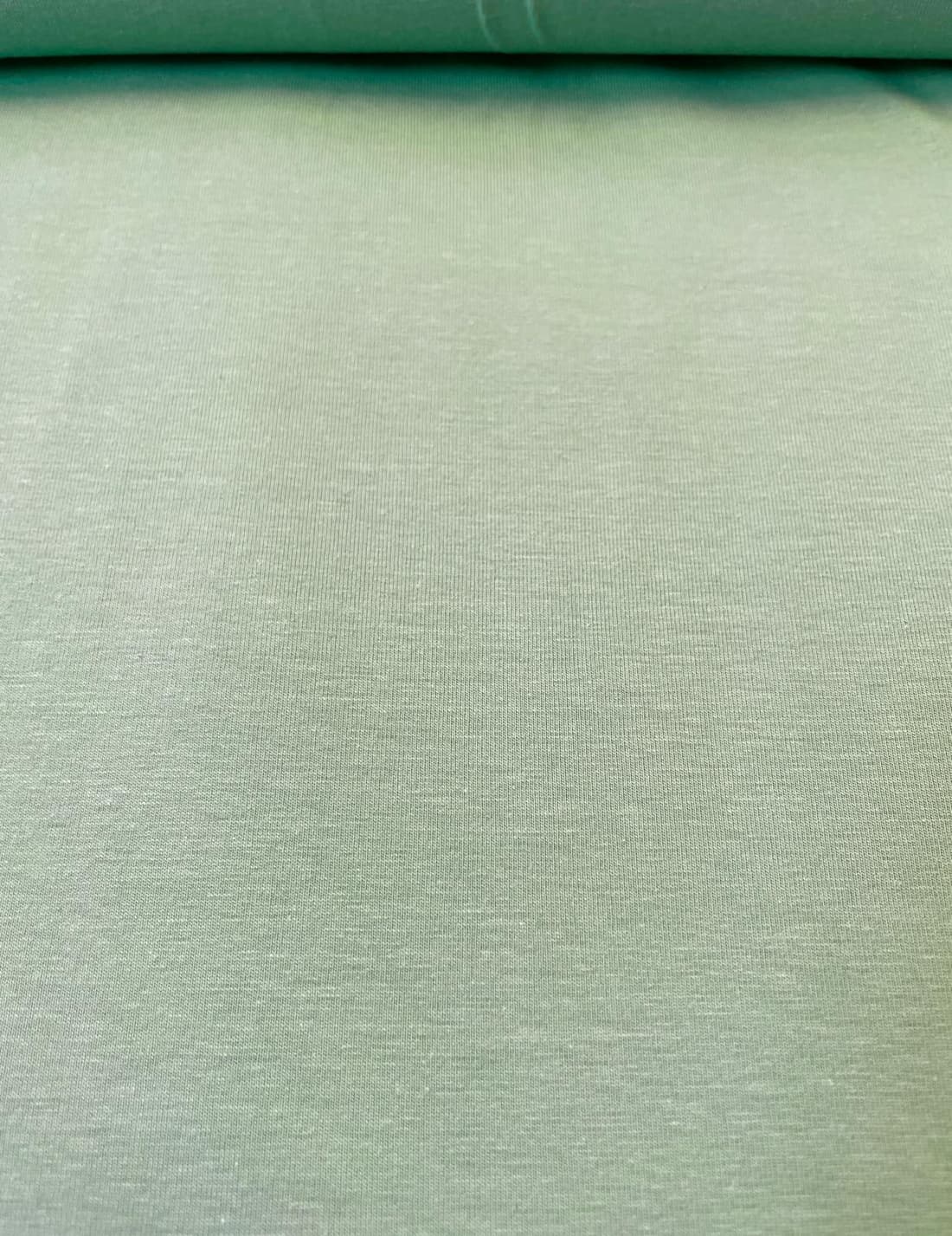 Nahaufnahme eines hell-salbeigrünen Baumwolljerseys mit feiner, glatter Oberflächenstruktur.