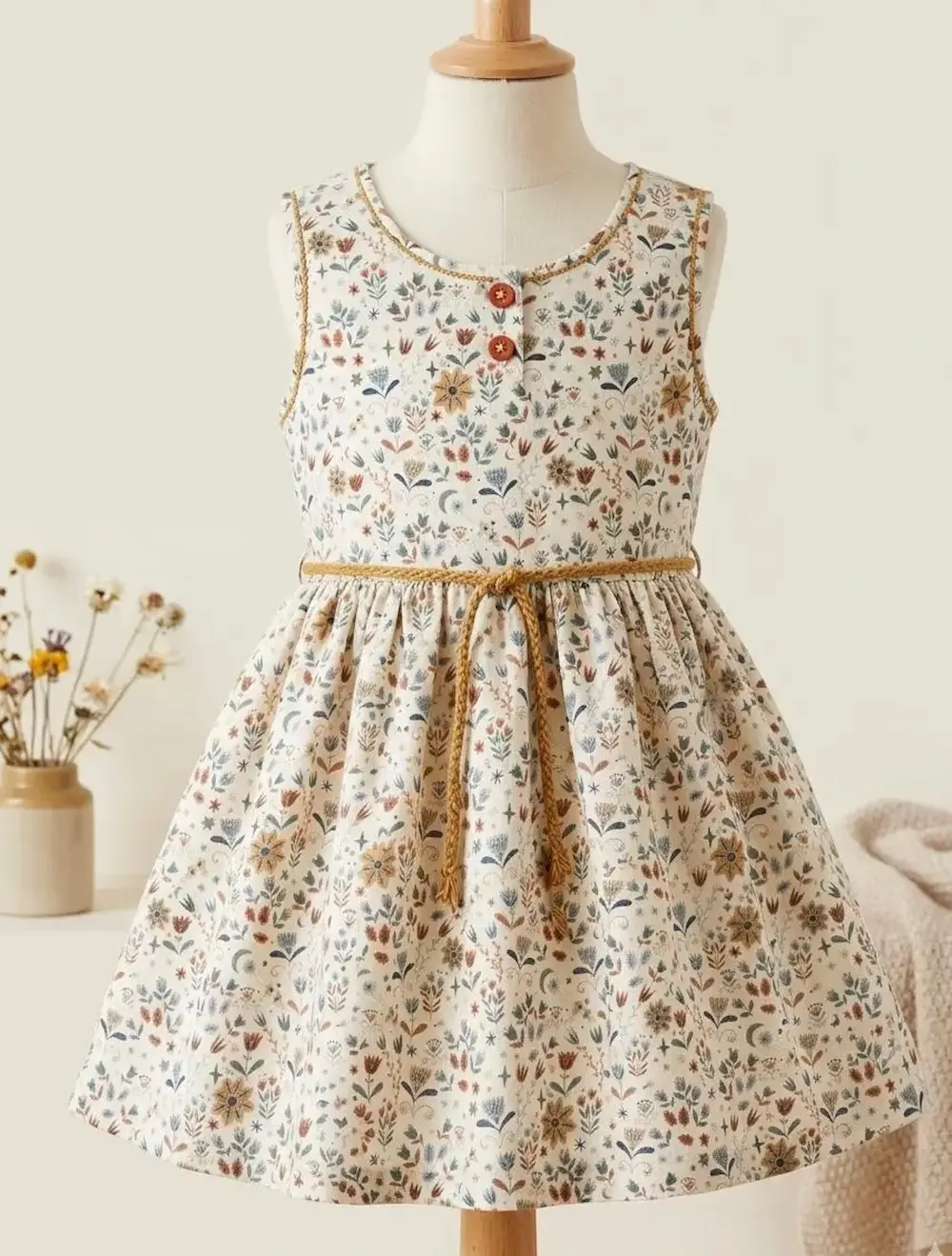 Hochwertiger Baumwolle Popeline Stoff mit feinem floralem Boho-Print in Blau, Rostrot und Senfgelb, verarbeitet als ärmelloses Kinderkleid auf einer Schneiderpuppe.