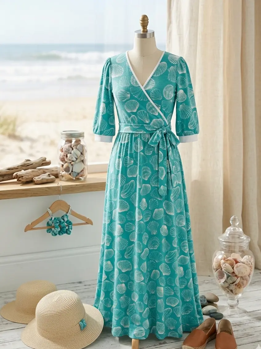 Maritimer Jersey-Stoff als Meterware in Türkis, bedruckt mit verschiedenen weißen Muschel-Motiven wie Jakobsmuscheln für Sommerkleidung und Kinderkleidung.