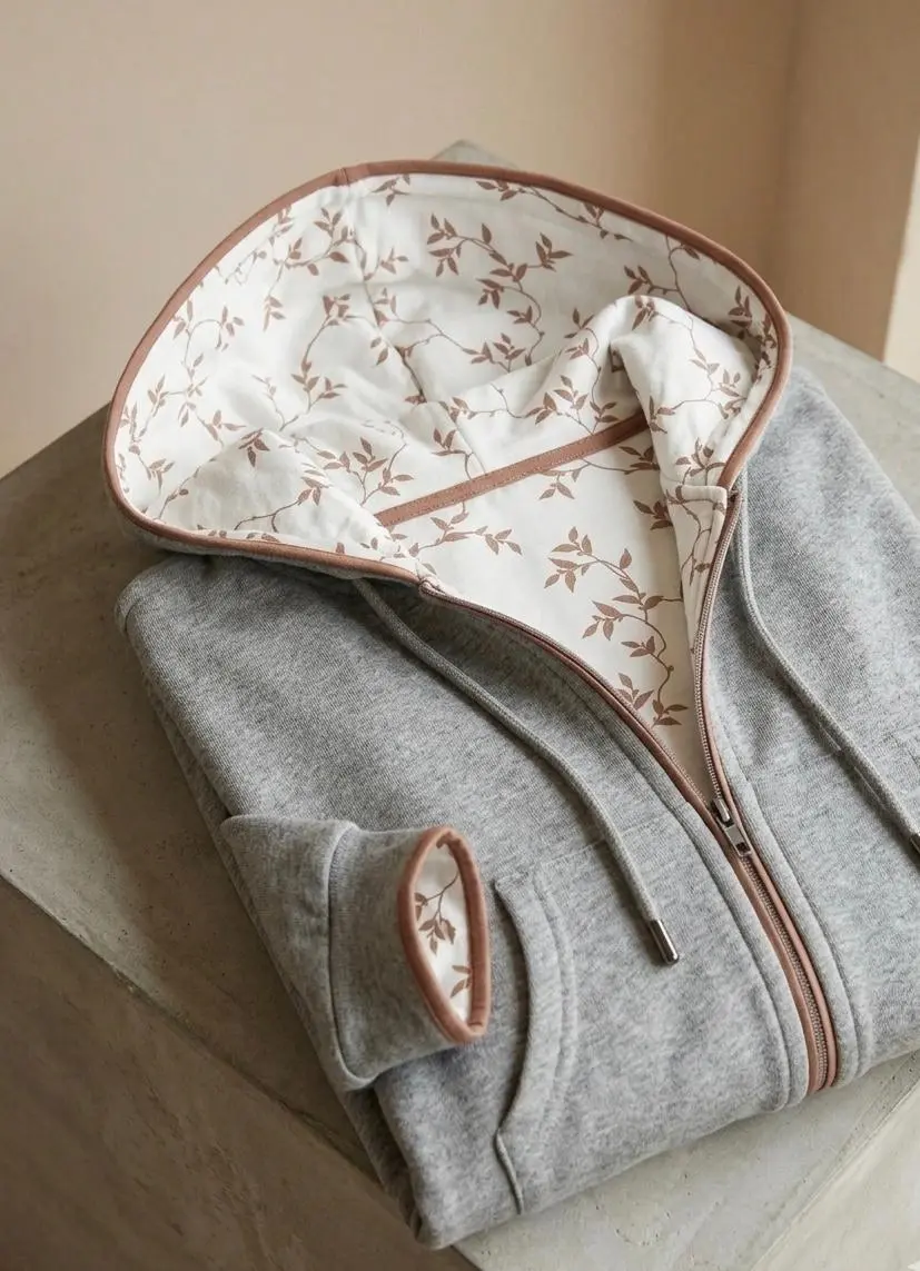 Graue Sweatjacke mit Kapuzenfutter aus cremefarbenem Jersey mit feinen Blätterranken in Terracotta.