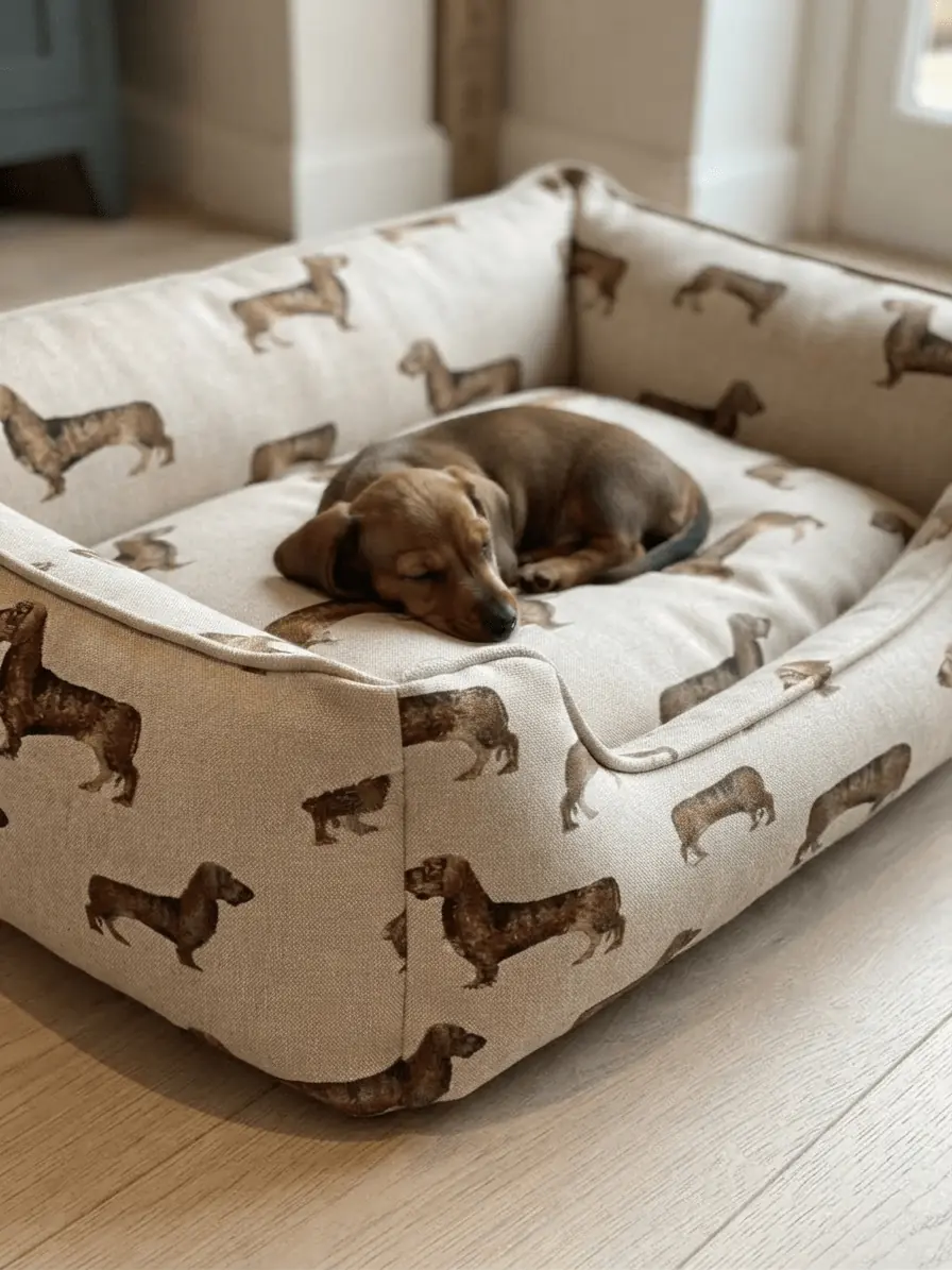 Gemütliches Hundebett aus Deko-Stoff mit Dackel-Motiv und Meterware, in dem ein süßer Dackel-Welpe schläft.