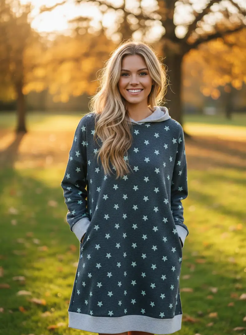 Eine lächelnde Frau im herbstlichen Park trägt ein selbstgenähtes Hoodiekleid aus anthrazitfarbenem French Terry mit hellen Sternen und dezentem Glitzerschimmer.