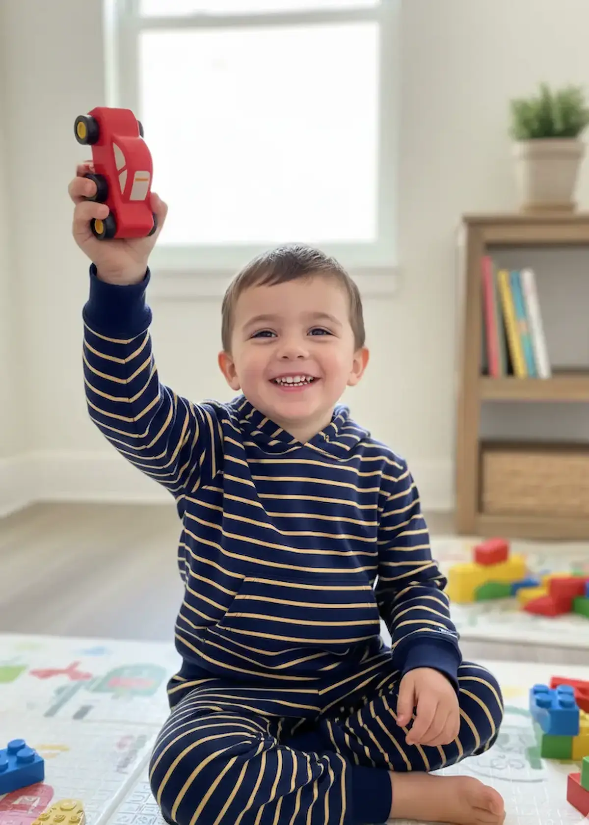 Ein fröhliches Kind trägt ein Set aus Hoodie und Hose, genäht aus gestreiftem French Terry in Dunkelblau und Gelb. Der hochwertige Sommersweat ist als Meterware ideal für gemütliche Kinderkleidung und Freizeitanzüge geeignet.