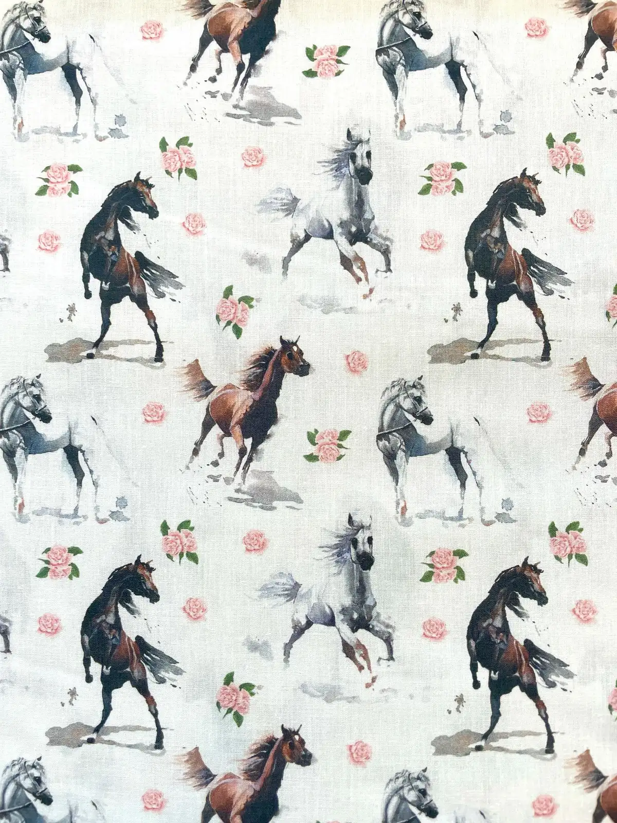  Baumwoll-Webware"Wild Roses & Horses" – Pferde weiss /rosa 